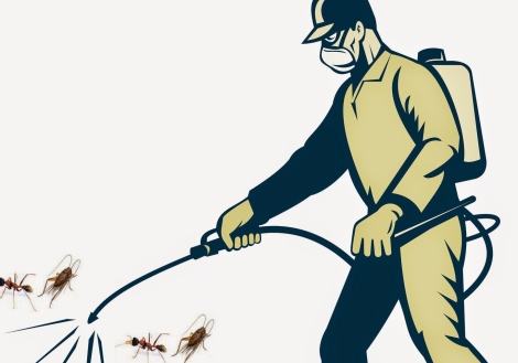 illustration of a Pest control exterminator worker spraying side view